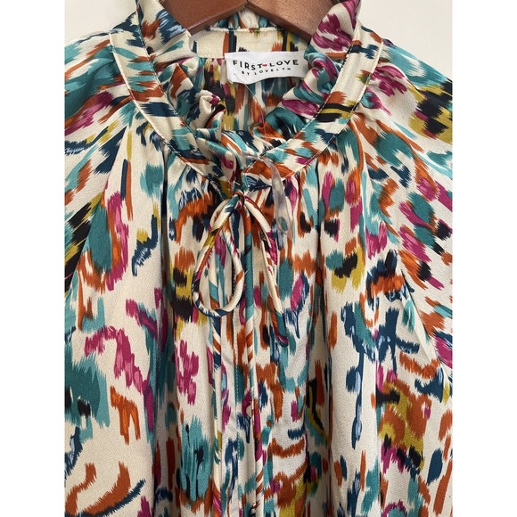 First Love By Lovelyn Shirt Abstract Floral‎ Size L Boho Ruffle Standup Collar - Picture 3 of 9